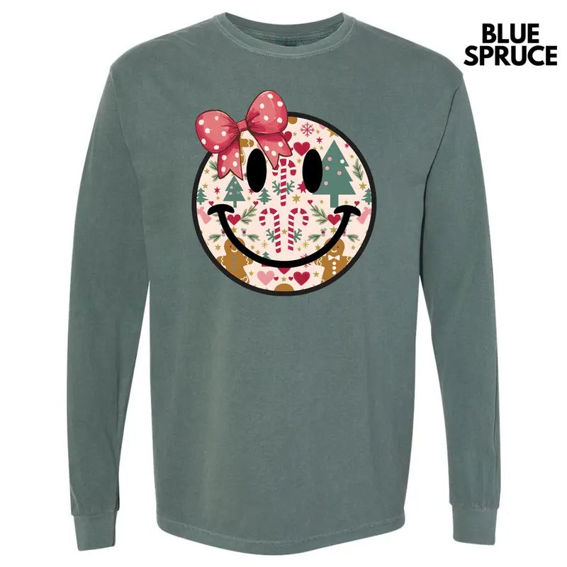Bow Christmas Happy Face Long Sleeve Comfort Colors T-Shirt 'NLB'