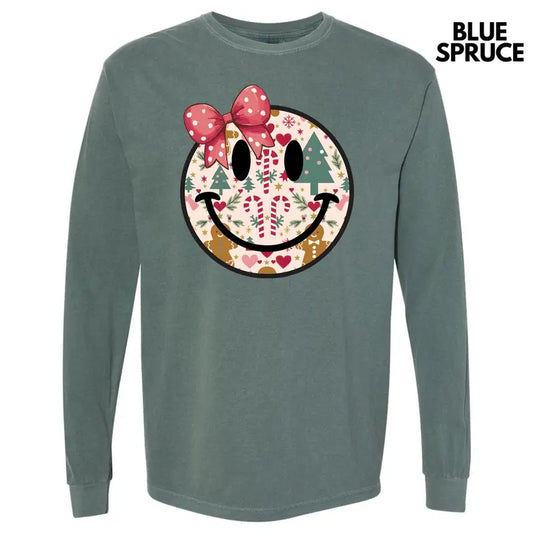 Bow Christmas Happy Face Long Sleeve Comfort Colors T-Shirt 'NLB'