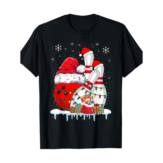 Bowling Christmas Bowling Santa Hat Christmas Lights 220g 100% Cotton T-Shirt made in usastyle{n002}2