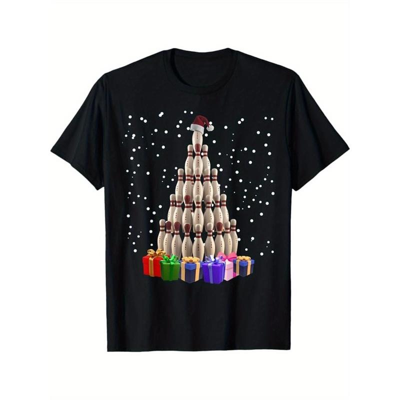 Bowling Christmas Tree Funny Xmas Matching Family Men T-Shirt, 100% Cotton, Gifts for Men Dad Husband Grandpa, S-XXXL, Black made in usa