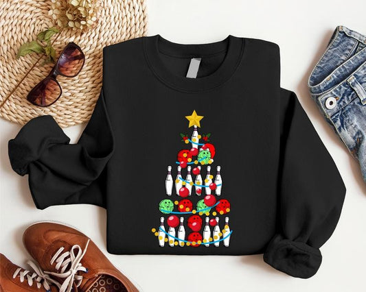 Bowling Christmas Tree Sweatshirt, Bowling Lover Xmas Gift Sweater, Unisex Bowling Player Holiday Hoodie, Bowling Ball Christmas Lights, Bowler Christmas Sweatshirt.