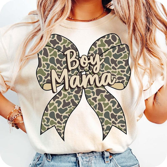 Boy Mama Camo Coquette Bow T-Shirt, Boy Mama T-Shirt, Camo Coquette T-Shirt, Mom of boys T-Shirt, Mothers T-Shirt, Mama camo bow T-Shirt