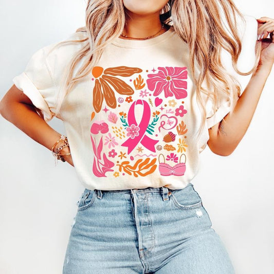 Breast Cancer Awareness T-Shirt, Boho Floral Breast Cancer T-Shirt, In October We Wear Pink Shirt, Awareness Ribbon T-Shirt, Pink Ribbon