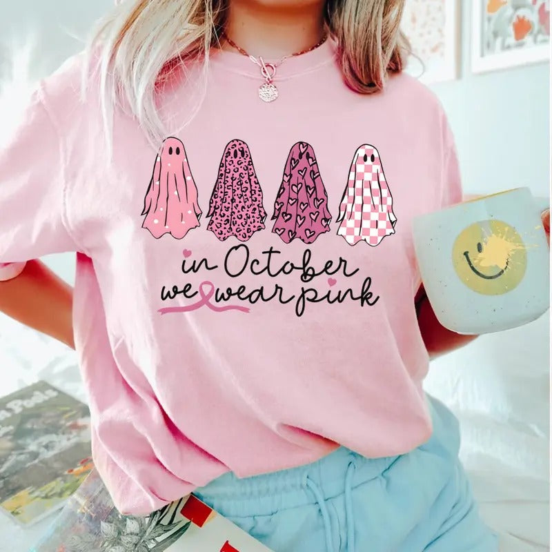 Breast Cancer Awareness T-shirt, In October We Wear Pink Halloween Ghost Shirt, We Wear Pink Tee Casual Fabric