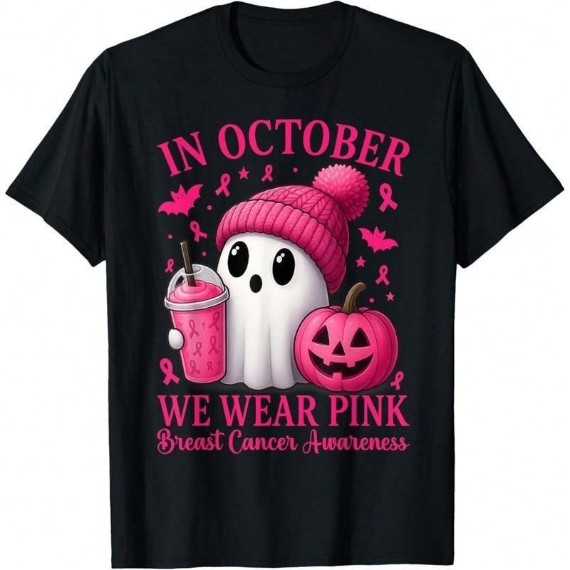 Breast Cancer Halloween Tshirt Red plumber brand October We Wear Pink Awareness Tee Cute Ghost Pumpkin Graphic Print...