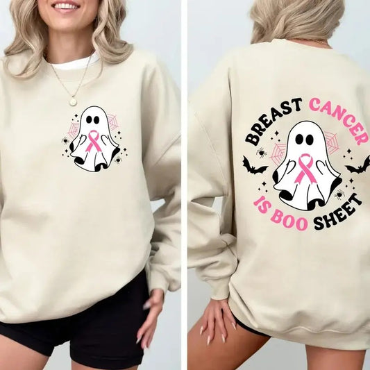 Breast Cancer Is Boo Sheet Sweatshirt, Back On My Boo-Shit, Cancer Halloween Gift Shirt, Ghost Ribbon Breast Cancer Awareness Shirt, Women Shirt ,Breast Cancer Awareness Shirt - Women's Ghost Ribbon Sweatshirt by GILDAN ,Womenswear