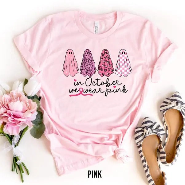 Breast Cancer Support Squad Shirt, Breast Cancer Sweatshirt, In October We Wear Pink Ghosts, Breast Cancer Awareness Gift,Warrior Pink Ribbon Tee