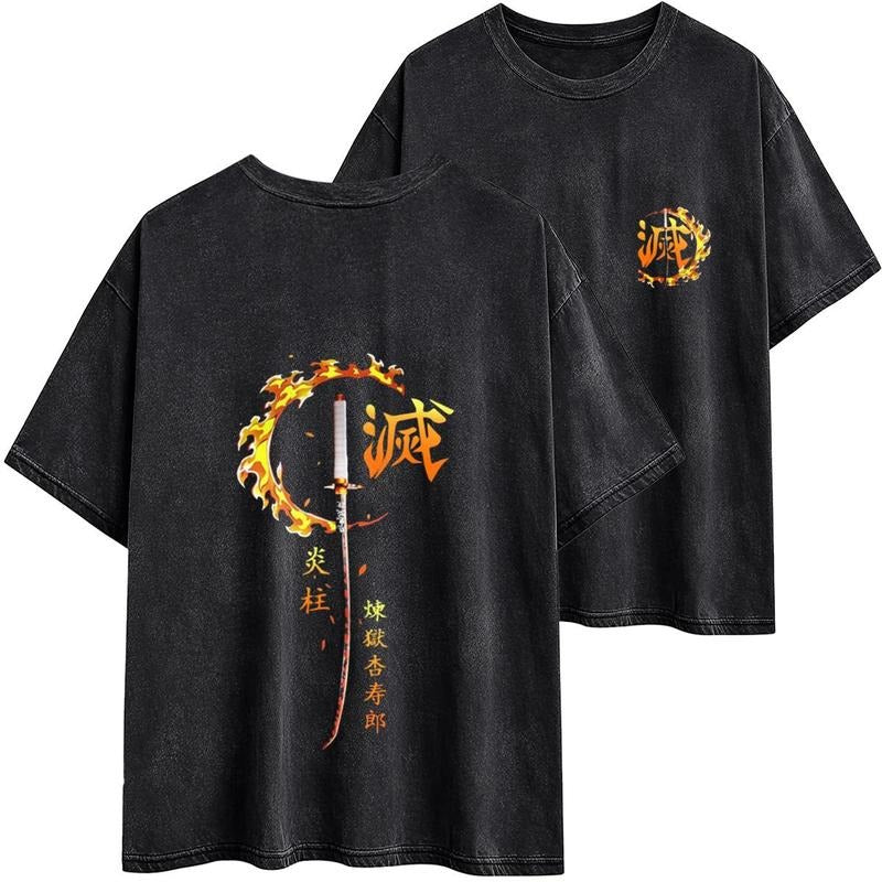 Breathing styles Breathing styles kyojuro Rengoku Katana Washed Fabric T-shirt-90s Breathing styles style graphic...