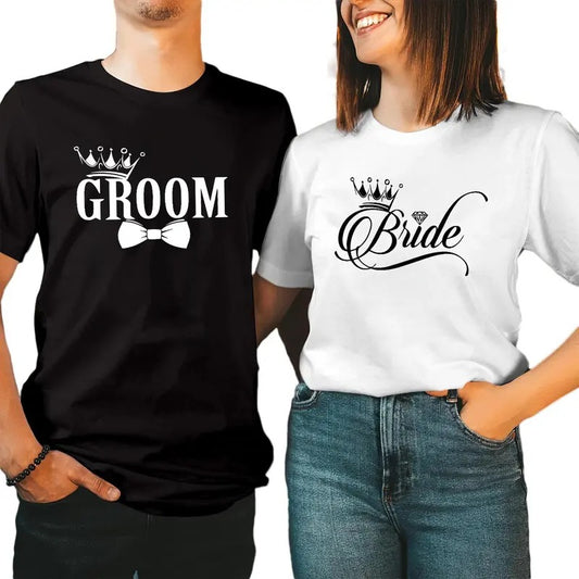 Bride And Groom Couple Matching TShirt Cotton Fabric Casual Streetstyle Crew Neck Short Sleeve T-Shirt Trendy Tops for Women for Men, Date Gifts