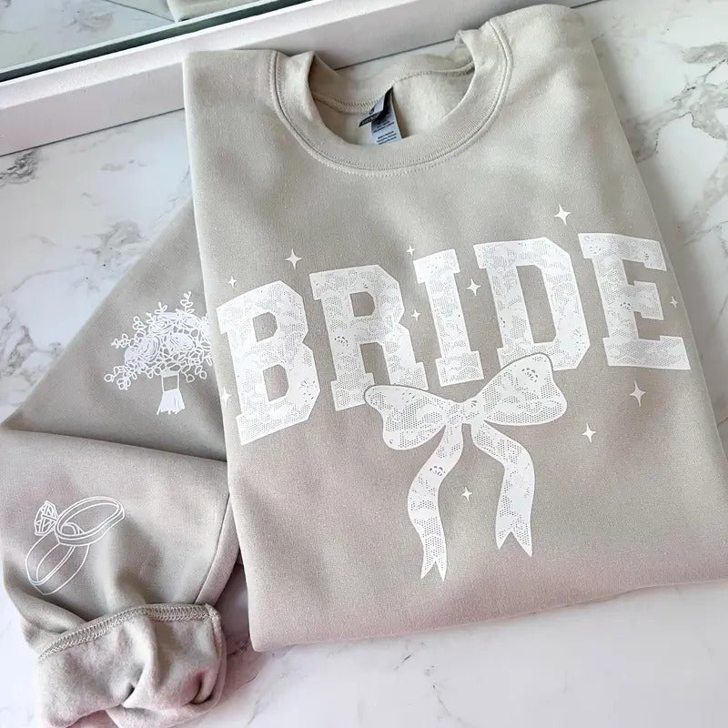 Bride Lace Bow Sweatshirt or Hoodie with sleeve prints Comfy Unisex Tops T-Shirts | DripVista.com