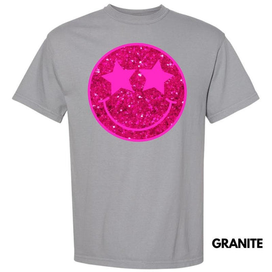 Bright Pink FAKE Glitter Happy Face Comfort Colors T-Shirt 'NLB'