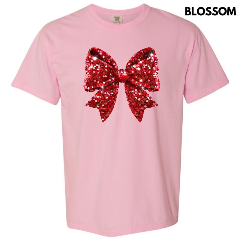 Bright Red Faux Sequin Bow Comfort Colors T-Shirt 'NLB' Hoodie, Sweatshirt | DripVista.com