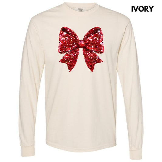 Bright Red Faux Sequin Bow Long Sleeve Comfort Colors T-Shirt 'NLB'