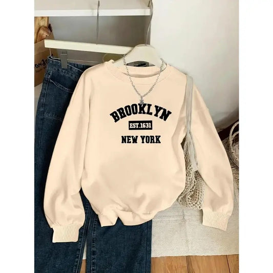 Brooklyn New York Vintage Letter Print Sweatshirt for Women - Casual Round Neck Pullover Hoodie, Polyester Knit Fabric, Unisex FallWinter Fashion Sweatshirt