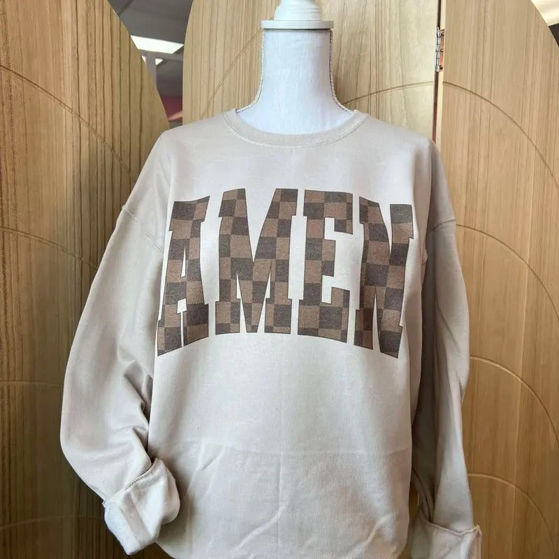 Brown Checkered AMEN Sweatshirt or TShirt- Christian Apparel