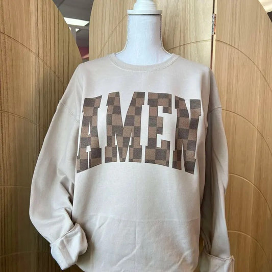 Brown Checkered AMEN Sweatshirt or TShirt- Christian Apparel