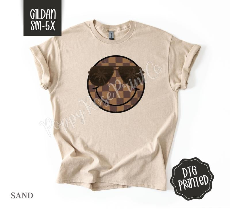 Brown Checkered Smiley Gildan Tshirt , Summer Tee, Cute Women's Shirt, Gift For Her