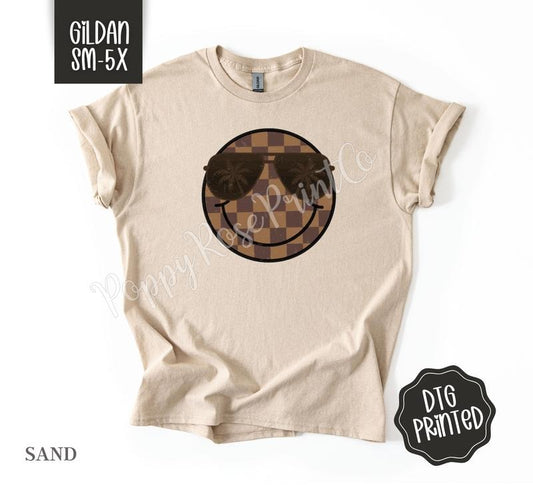Brown Checkered Smiley Gildan Tshirt , Summer Tee, Cute Women's Shirt, Gift For Her