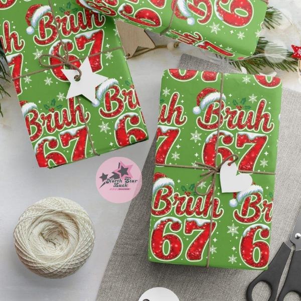 Bruh 67 Christmas Wrapping Paper, funny 6 Lightsaber brand meme holiday wrapping roll gift, perfect for Christmas...