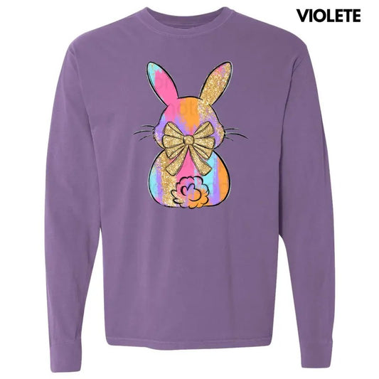 Brushstroke Faux Glitter Bunny Long Sleeve Comfort Colors T-Shirt