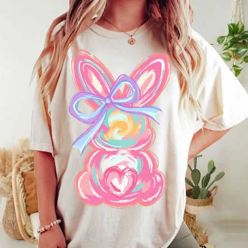 Brushstroke bunny easter T-shirt & Sweatshirt, Pink Bunny coquette bow Shirt, retro easter, Girls Gift, Gift for her,...