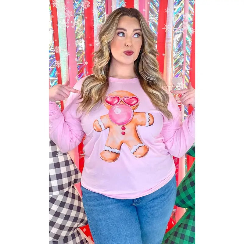 Bubble Gum Gingerbread Christmas Graphic Long Sleeve T-Shirt Hoodie, Sweatshirt | DripVista.com