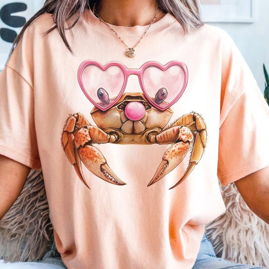 Bubblegum Summer Tees Women's Flamingo Heart Sunglasses Crab Graphic Tshirt for Beach Vacation Casual Wear Crewneck Short Sleeve Tops Fun Design for Beach Days