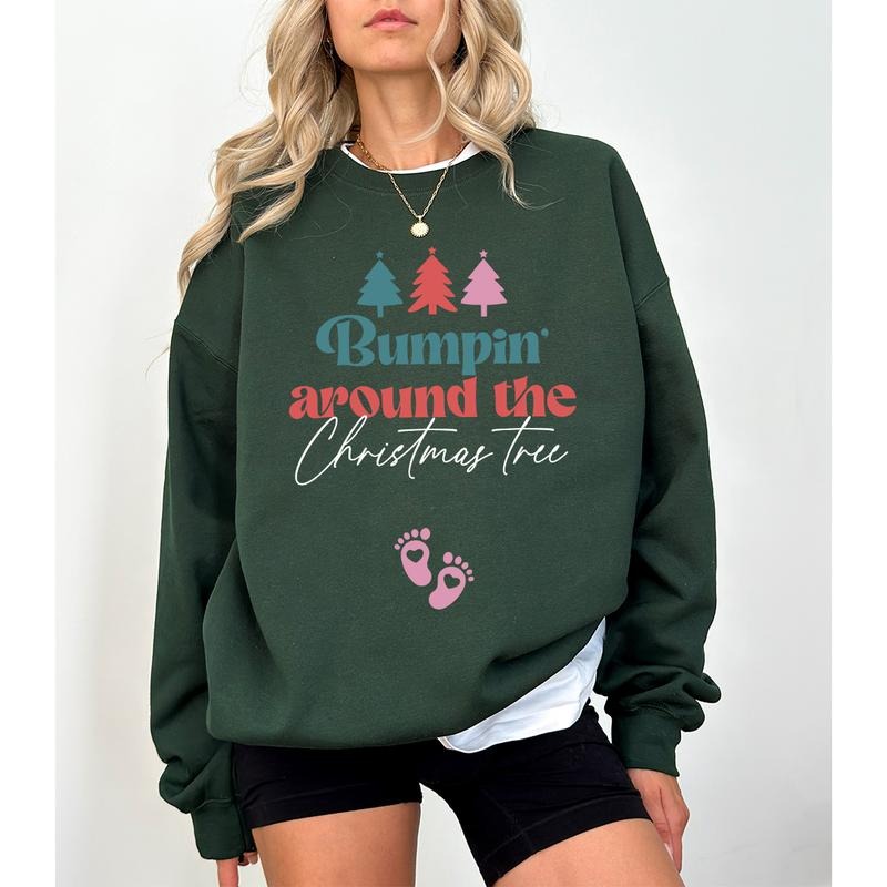 Bumpin Around the Christmas Tree Pregnancy Announcement Sweatshirt XMas Maternity Sweater Holiday Gender Reveal Jumper New Mom Baby Gift