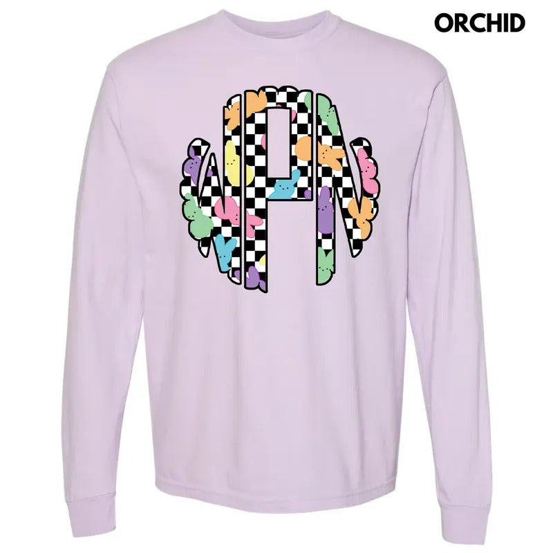Bunny Checkered Monogram Long Sleeve Comfort Colors T-Shirt 'NLB'