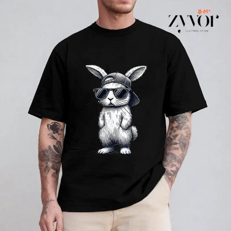 Bunny Face With Sunglasses Cap Easter Day Shirt Casual Style Crew Neck Short Sleeve T-Shirt Tops Trendy for Unisex, Perfect Gift