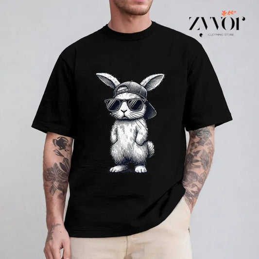 Bunny Face With Sunglasses Cap Easter Day Shirt Casual Style Crew Neck Short Sleeve T-Shirt Tops Trendy for Unisex, Perfect Gift