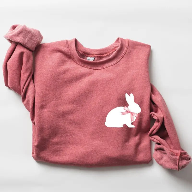 Bunny Wearing A Bow, Pocket Print, Easter Rabbit Sweatshirt, Women's Crew Neck, Crewneck T-Shirts, Hoodie | DripVista.com