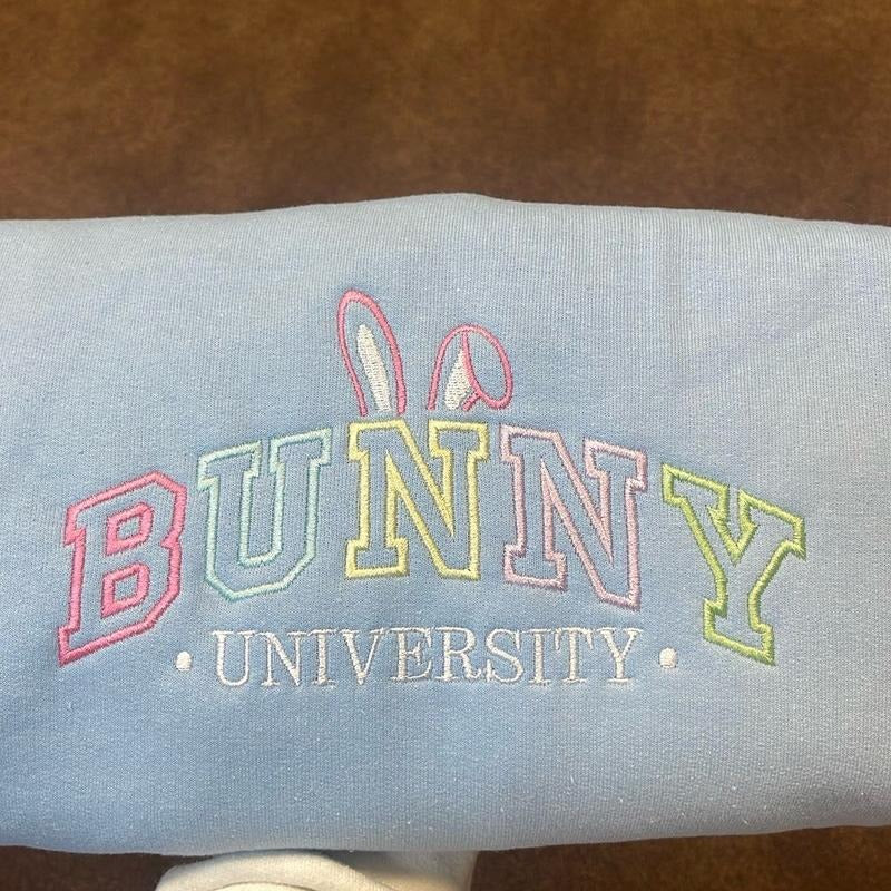 Bunny university embroidered crewneck sweatshirt, Easter sweatshirts, spring sweatshirts, custom sweatshirt, Sweaters...