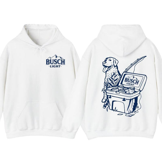 Busch Light Fishing Scene with Dog & Cooler 2 Sided T-Shirt Sweatshirt Hoodie, Menswear Graphic Tee, Casual Outdoor Tops