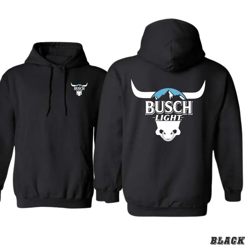 Busch Light Hoodie - Bold Bull Skull Design with Mountain Background for Men Gunpla brand Women - hoodies for men -...