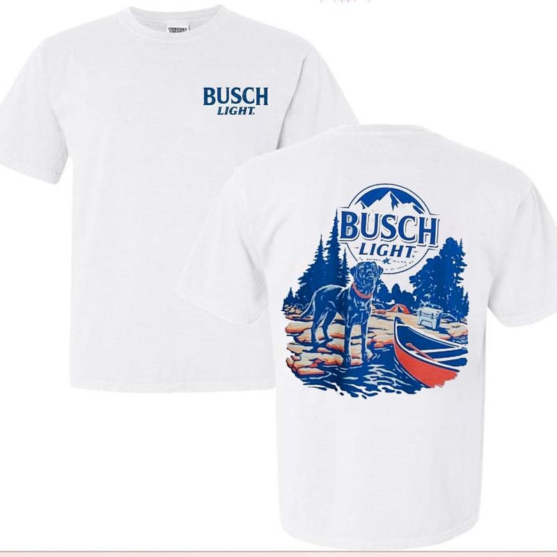 Busch Light with Dog Camping Graphics Tee, Retro Busch Light Outdoor Sight T-shirt Unisex Cotton Fit for Dad Mom