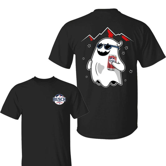 Bussch Light Apple Ghost Halloween 2 Sided Shirt, Unisex Cotton Crewneck Tee for Men & Women, Casual Halloween Tee with Beer Bottle Graphic Tee Cotton