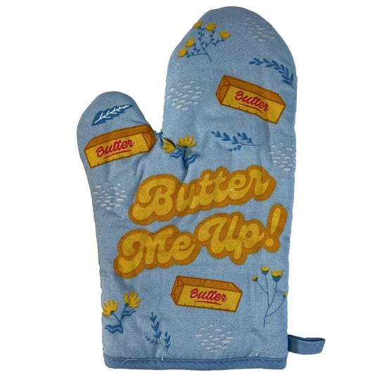 Butter Me Up Oven Mitt Funny Cooking Baking Sayings Graphic Kitchen Glove Funny Graphic Kitchenwear Funny Food  Novelty Cookware Blue