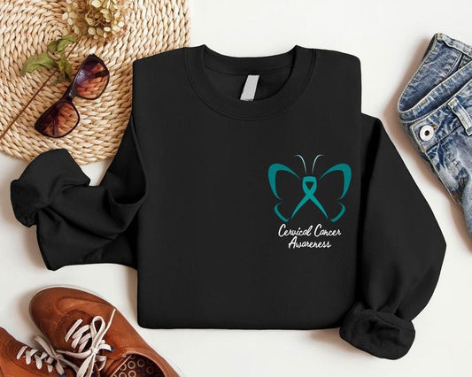 Butterfly Cervical Cancer Sweatshirt, Teal Ribbon Pocket Size Hoodie, Matching Support Sweater, Survivor Gift Sweater, Cancer Hoodie for Women.