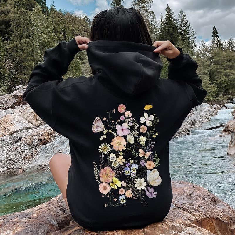 Butterfly Mountain Meadow Pressed Flower Hoodie T-Shirts, Sweatshirt | DripVista.com