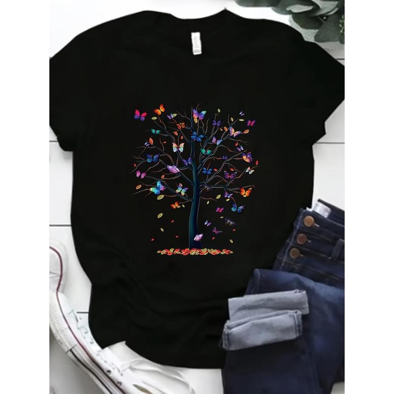 [Butterfly Print Casual Top Tee] Butterfly Tree Print T-Shirt, Short Sleeve Casual Top For Summer & Spring, Women'WB...