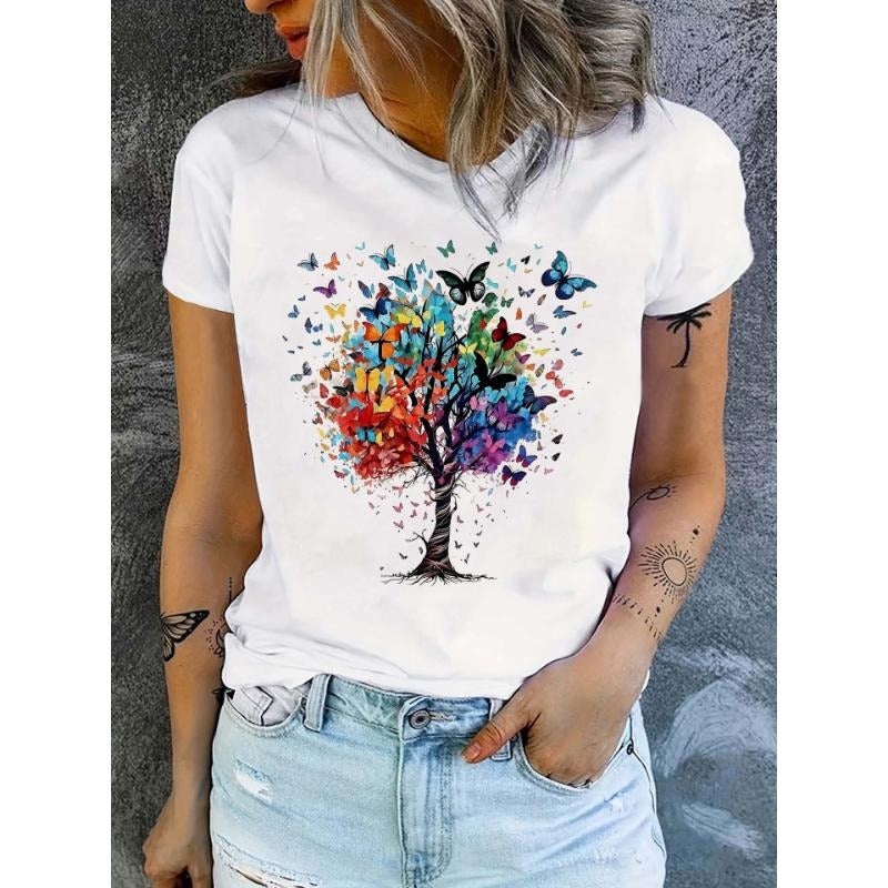 Butterfly Print Crew Neck T-Shirt, Casual Short Sleeve T-Shirt For Spring & Summer, Women'WB shield Clothing style 02...