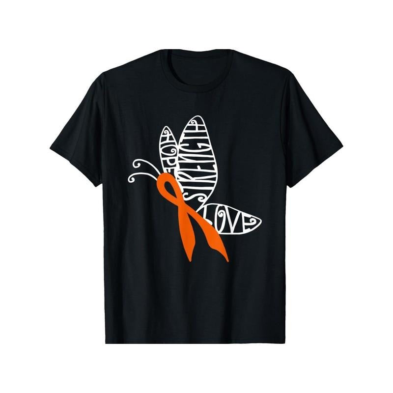 Butterfly Survivor Fighter Orange Ribbon Leukemia Cancer T-Shirt Crew Neck Summer Comfortable Casual Short Sleeve T-Shirt Made in USA