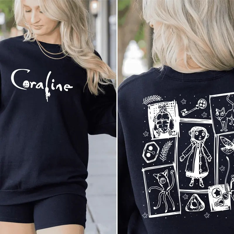 Button Eyes Sweatshirt, Coralinee horror cartoon T shirt, Famous Spooky Movie Halloween Tee, Black Cat Shirt, Halloween...