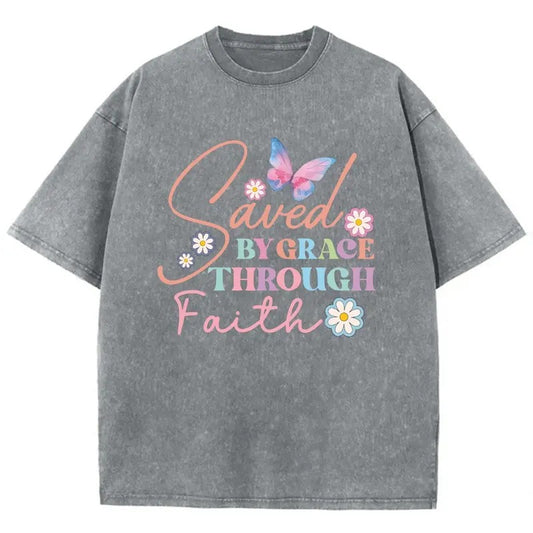 Bygrace Through Unisex Washed T-Shirt, Christian Jesus  t shirts, Vintage 90s Graphic Tee Gift Cotton Top Womenswear, Mineral color