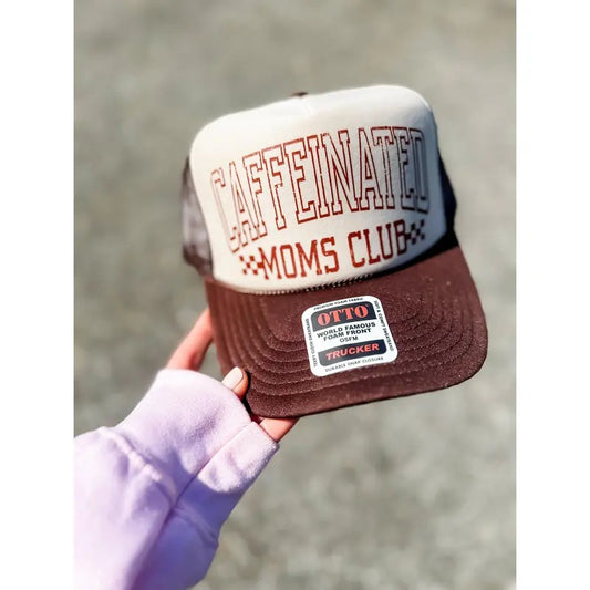 CAFFEINATED MOMS CLUB BROWN TAN TRUCKER HAT