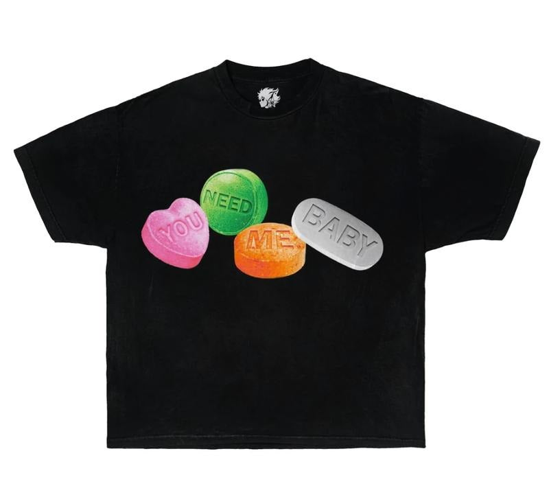 CANDY TEE Garment Dyed Boxy Ultra Cotton Streetwear Shirt Y2K Fashion Grillz Pills