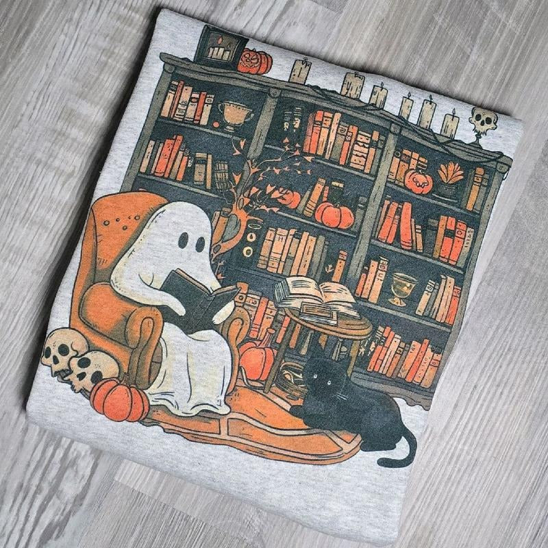 CAT Spooky Season Ghosty Books Design Sweatshirt with Halloween Icons and Ghosts Pattern T-Shirts, Hoodie | DripVista.com