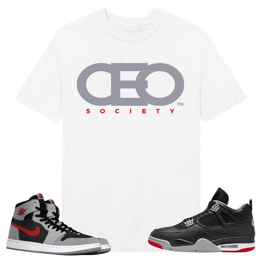 CEO Society, Shirt to match A J 1 High Zoom CMFT 2 Fire Red Cement Grey, A J 4 Bred, Shirt to matching Sneaker