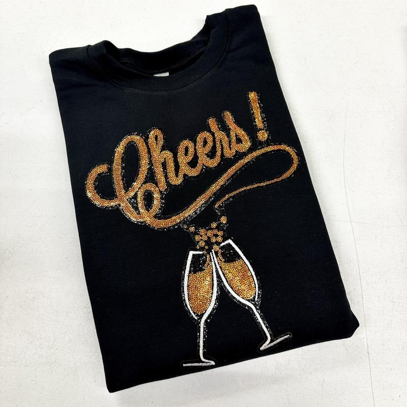 CHEERS! Champagne Sequin Patch Sweatshirt T-Shirts, Hoodie | DripVista.com